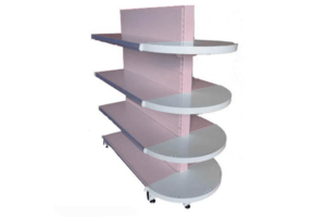 Europmetal Gondole centrale fond plein tablette métallique terminaison demi ronde etagere mobilier magasin epicerie pharmacie agencement implantation vignette et pour tout type de magasin commerce de détail grande surface professionnelle