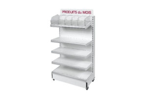 Tête de gondole fond plein sur roulettes avec bacs soldeurs, tablettes métalliques et signalétique aimantée vignette